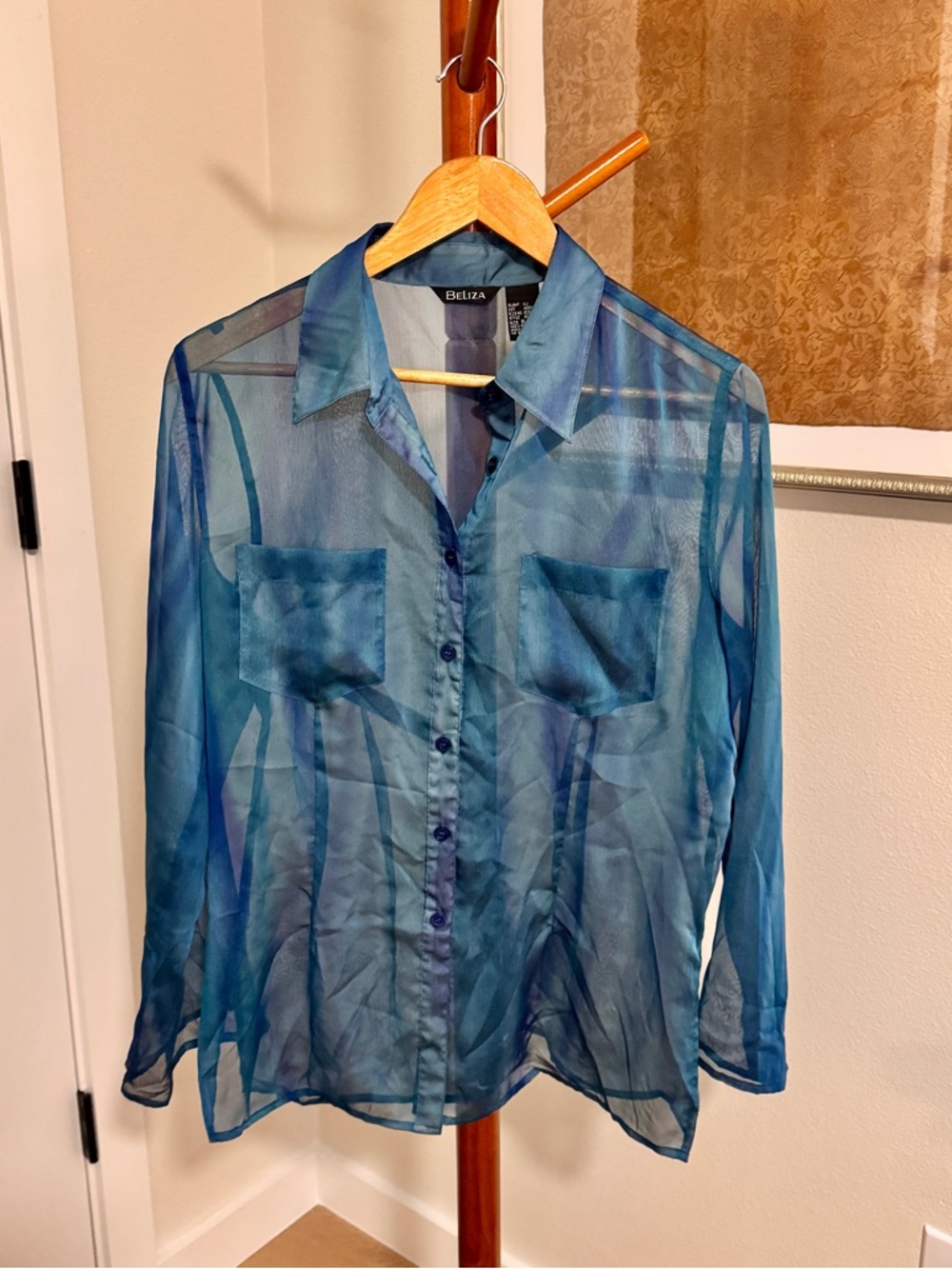 Vintage Sheer Teal Blue Button-Up Blouse